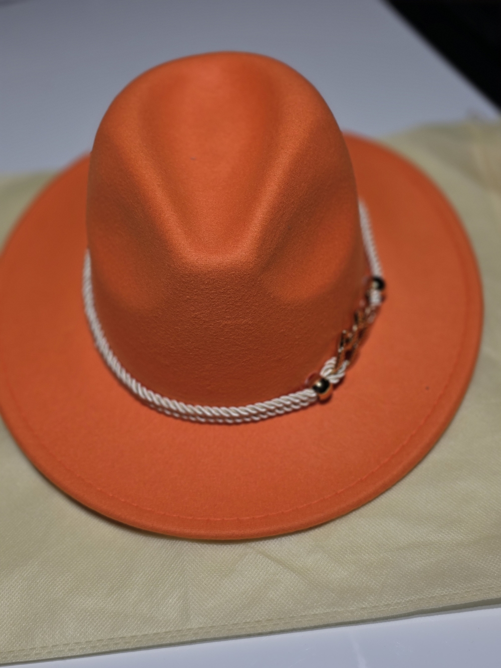 Source Unknown Orange Felt Fedora with White Rope Trim